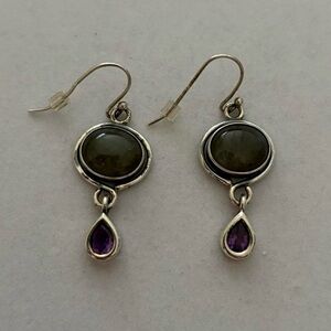 FD 925 Sterling Silver Cabochon & Teardop Dangly Fancy Earrings